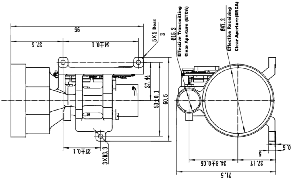 NLM10500A 10km Strategic Laser Rangefinder Dimensions and Optical Interface