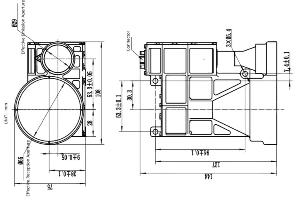 NLM17500A Laser Rangefinder Module Dimensions and Optical Interface