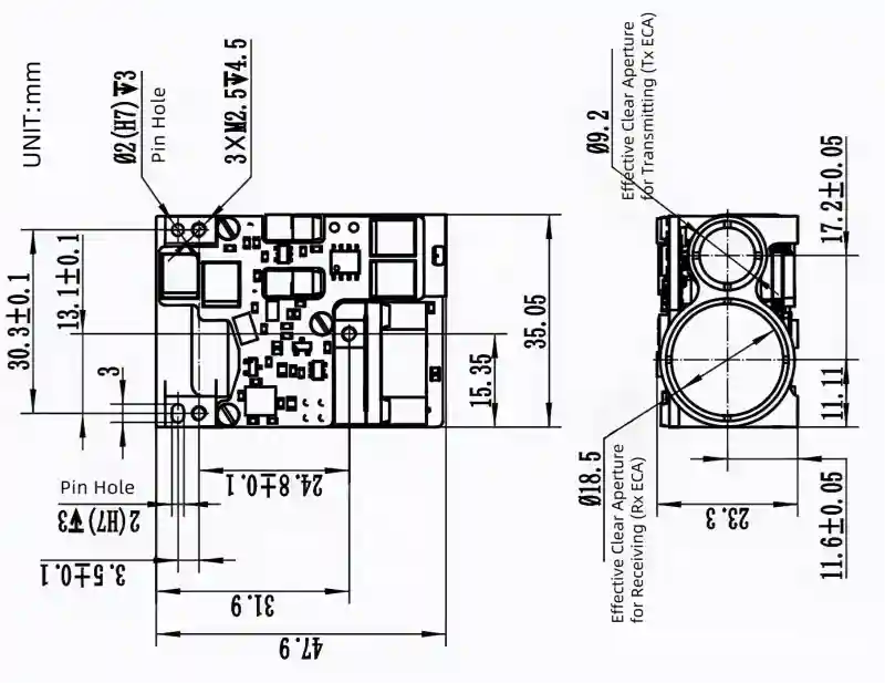 NLM3200A 3.2km laser rangefinder module Dimensions and Optical Interface