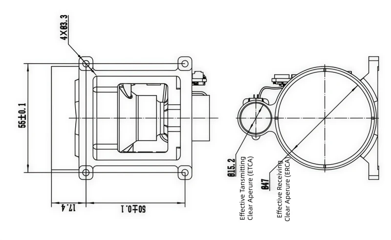 NLM7000U 7km UAV Tracking Laser Rangefinder Module Dimensions and Optical Interface