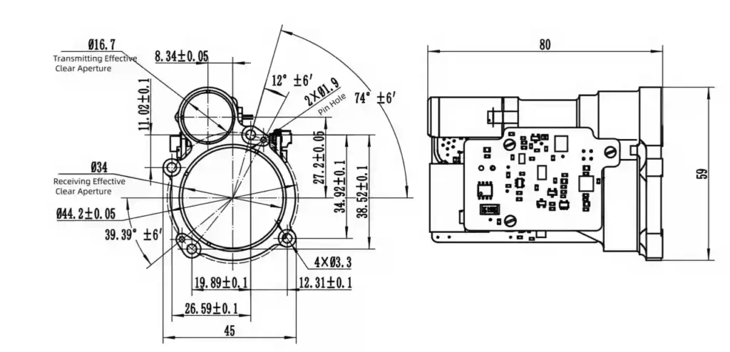 7.3km Topographic Laser Rangefinder Module Dimensions and Optical Interface
