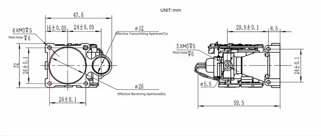 NLM8000B 8km maritime laser ranging sensor Dimensions and Optical Interface * **Title:** NLM8000B 62g Rangefinder Optical Blueprint * **Caption:** (建议留空) * **Description:** Engineering schematic for the NLM8000B laser distance sensor, detailing the 32x48x55mm footprint, Tx Φ12mm / Rx Φ26mm apertures, and M3 threaded mounting logic.