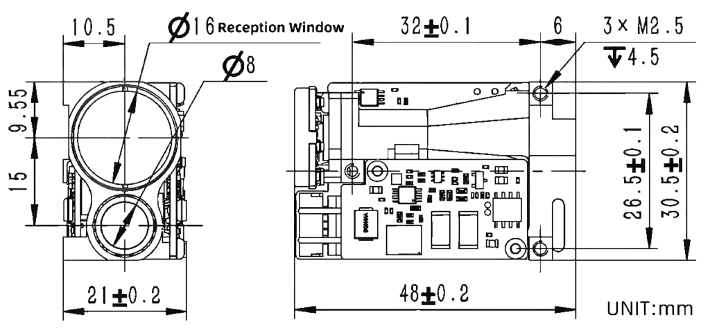 Mechanical and optical interface diagram of NLMB3000A 3km laser ranging module