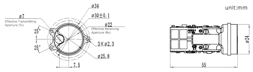 Mechanical and Optical Interface Diagram of NTRON NLMB2500A 1535nm Laser Rangefinder Module for UAV Payloads