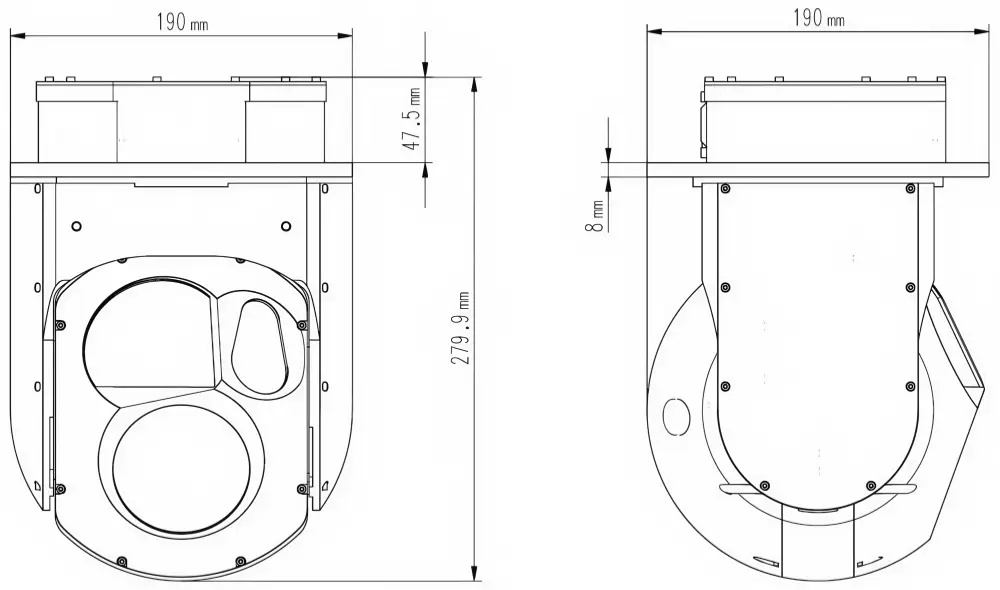 illustrating the mechanical dimensions of the NTPOD190B electro-optical pod, showing the 190mm diameter flange mount, 279.9mm total height envelope, and 47.5mm base enclosure.