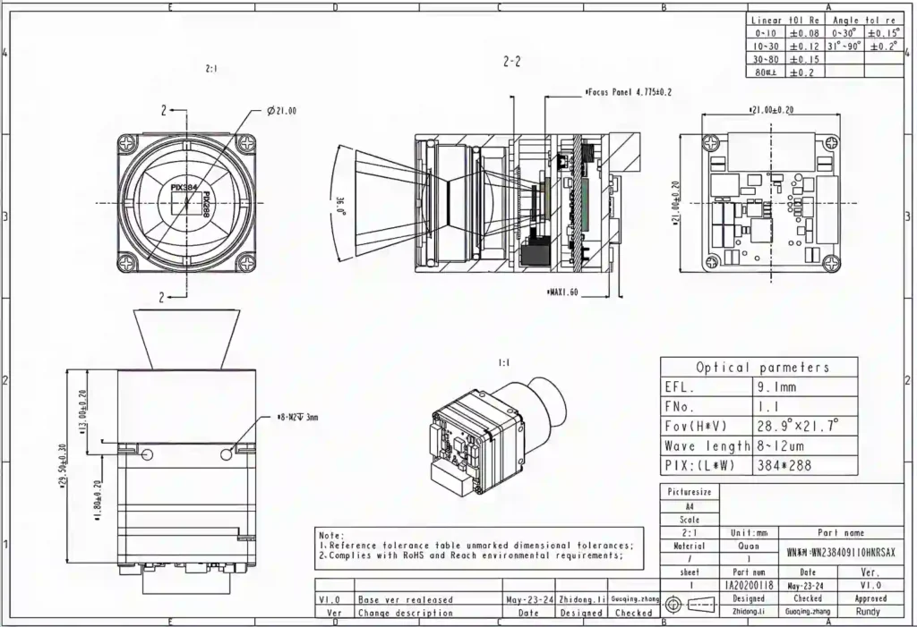 NLIR384 Thermal Imaging Module with 9.1mm F1.1 lens showing FOV 28.9x21.7 and assembly dimensions.