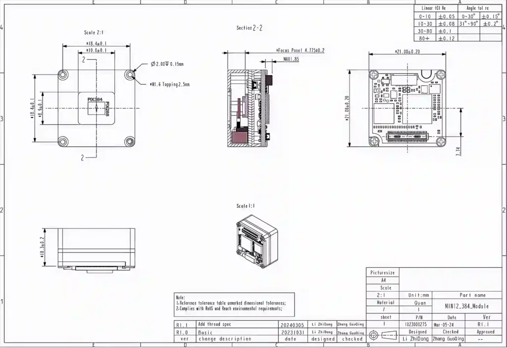 NLIR256 Infrared Thermal Module core frame mechanical blueprints with 21x21mm footprint