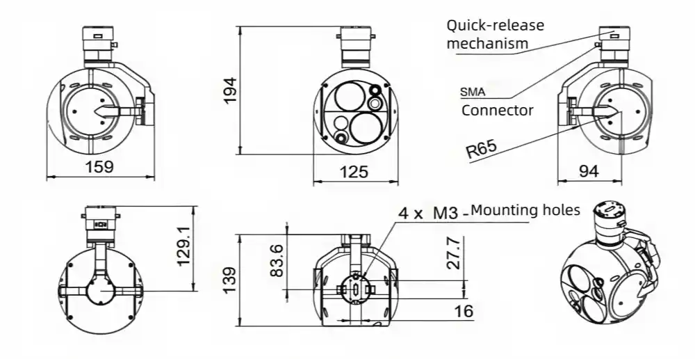 Engineering schematic of NTPOD125B dual-channel electro-optical sensor showing structural profile dimensions, 3-axis stabilization lines, and the quick-disconnect fast release lock geometry