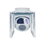 Physical side view of the NTPOD190B Long Range Electro-Optical System, displaying the Φ190mm ruggedized metal enclosure housing the continuous optical zoom visible TV camera, uncooled infrared thermal core, and 1540nm laser rangefinder.