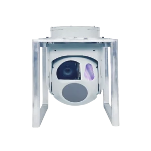 Physical side view of the NTPOD190B Long Range Electro-Optical System, displaying the Φ190mm ruggedized metal enclosure housing the continuous optical zoom visible TV camera, uncooled infrared thermal core, and 1540nm laser rangefinder.