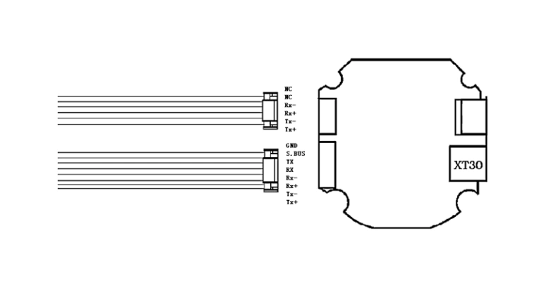 NTPOD207 long range gimbal electro-optical sensor electrical interface blueprint detailing 6-pin and 8-pin connector pinouts, XT30 power port, S.BUS, and TTL UART communication nodes.