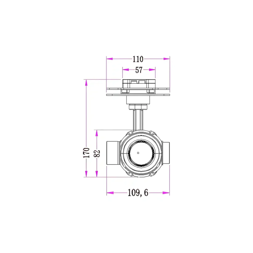 Mechanical structure schematic of the NTPOD207 long range gimbal electro-optical sensor highlighting the 110mm x 109.6mm x 170mm envelope dimensions, 82mm sphere diameter, and 57mm mounting adapter profile.