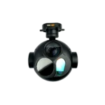 NTPOD305 long range tracking electro-optical pod integrated with an 8MP visible camera, 640x512 uncooled thermal core, and 5000m laser rangefinder module by a premier ISR payload factory.