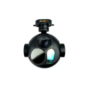 NTPOD305 long range tracking electro-optical pod integrated with an 8MP visible camera, 640x512 uncooled thermal core, and 5000m laser rangefinder module by a premier ISR payload factory.