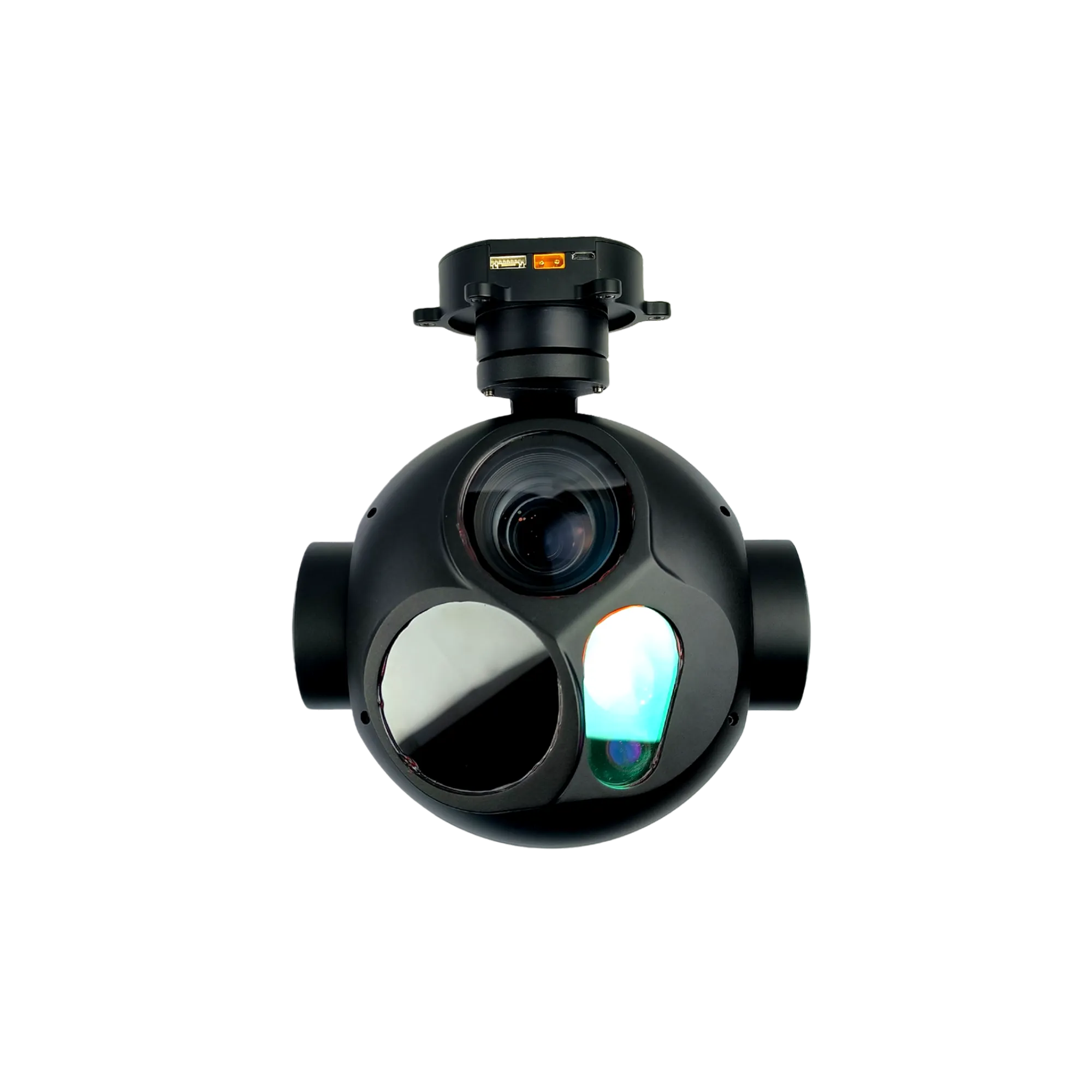 NTPOD305 long range tracking electro-optical pod integrated with an 8MP visible camera, 640x512 uncooled thermal core, and 5000m laser rangefinder module by a premier ISR payload factory.