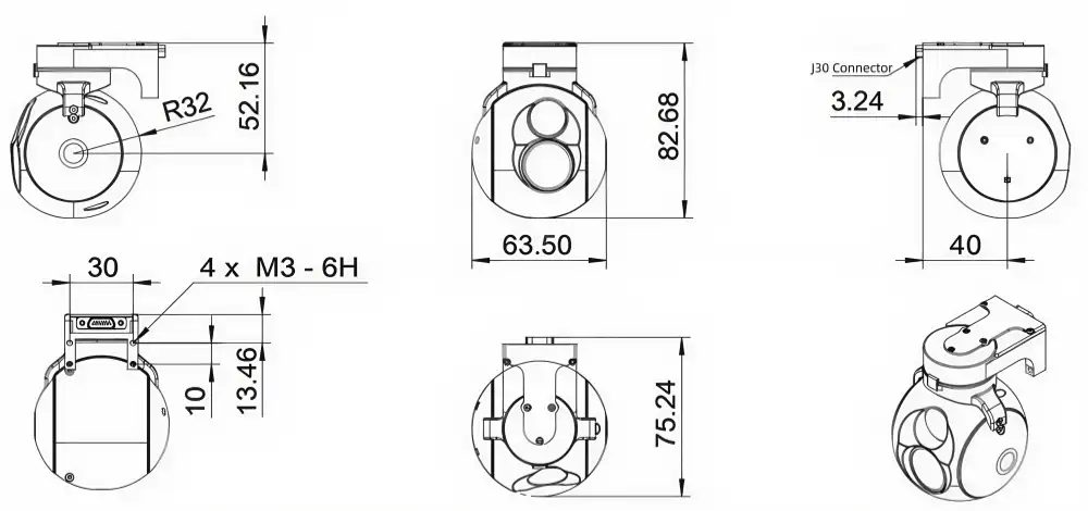 Engineering layout drawing of the NTPOD80 miniature electro-optical sensor detailing 63.50mm diameter, 82.68mm height dimension, 4xM3-6H base installation threads, and standardized micro-connector interface location.