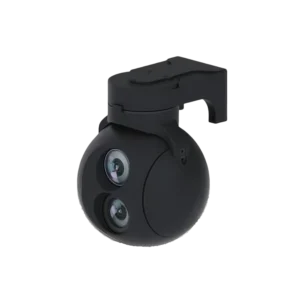 Physical product view of the NTPOD80A Gyro-Stabilized Electro-Optical System, showcasing the ruggedized sub-240g fully shielded metal enclosure and dual fixed-focus optical sensor windows.