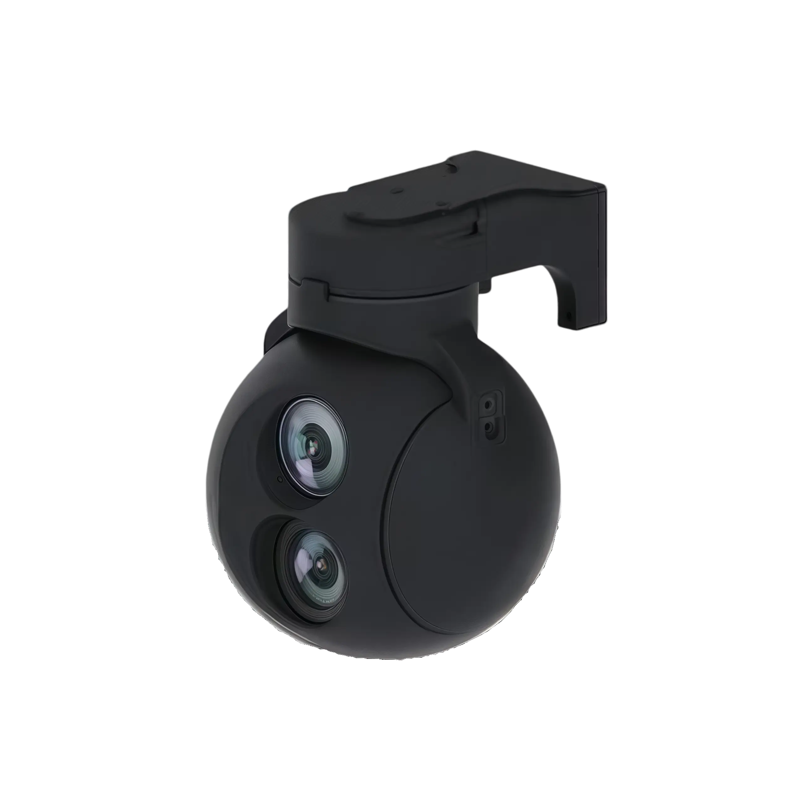 Physical product view of the NTPOD80A Gyro-Stabilized Electro-Optical System, showcasing the ruggedized sub-240g fully shielded metal enclosure and dual fixed-focus optical sensor windows.