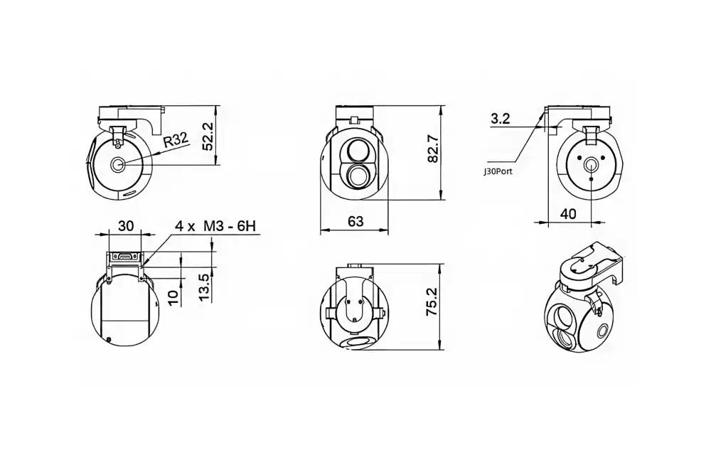 Mechanical structural schematic of the NTPOD80A gyro-stabilized electro-optical system highlighting the 63mm width, 76mm depth, and 83mm height envelope profile along with the J30 connector interface port.