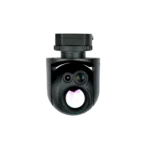 Left isometric profile of the NTPOD079 dual eo ir gimbal pod highlighting the 45mm uncooled infrared thermal lens and 4K tracking sensor.