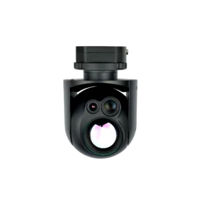 Left isometric profile of the NTPOD079 dual eo ir gimbal pod highlighting the 45mm uncooled infrared thermal lens and 4K tracking sensor.
