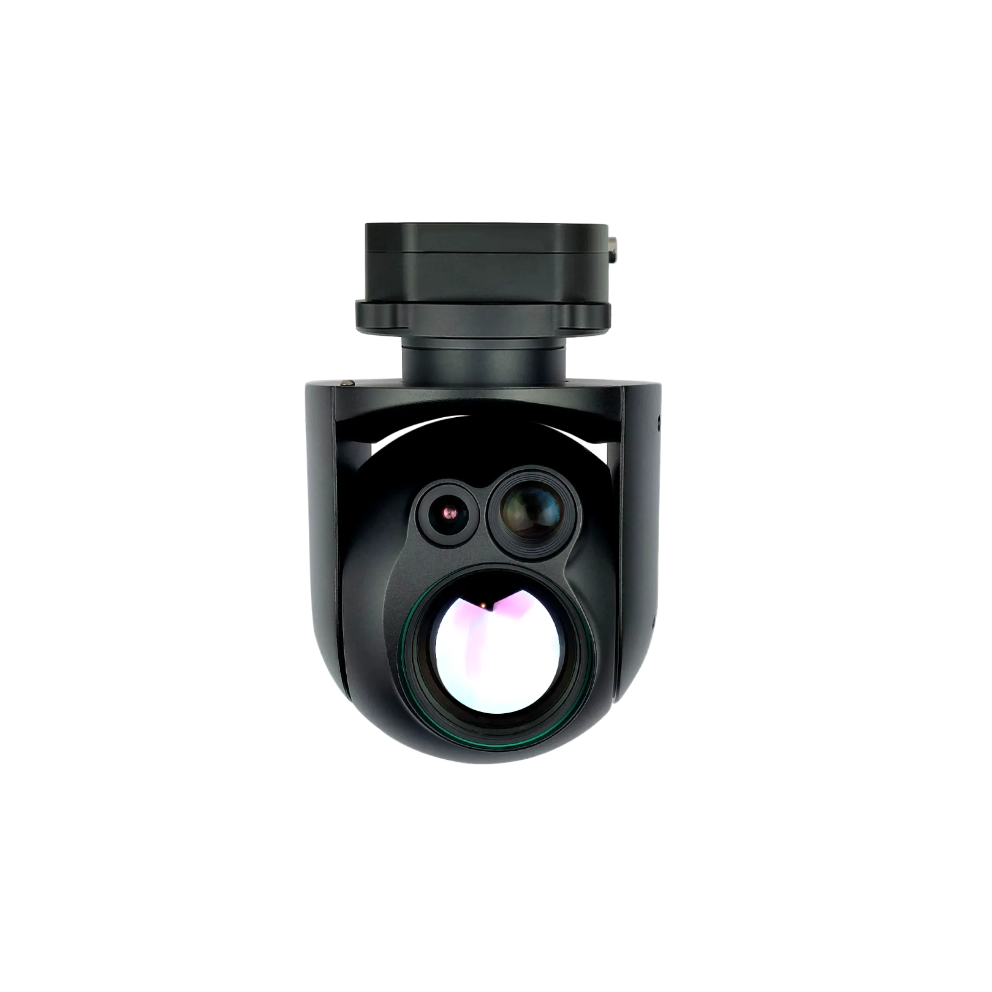 Left isometric profile of the NTPOD079 dual eo ir gimbal pod highlighting the 45mm uncooled infrared thermal lens and 4K tracking sensor.