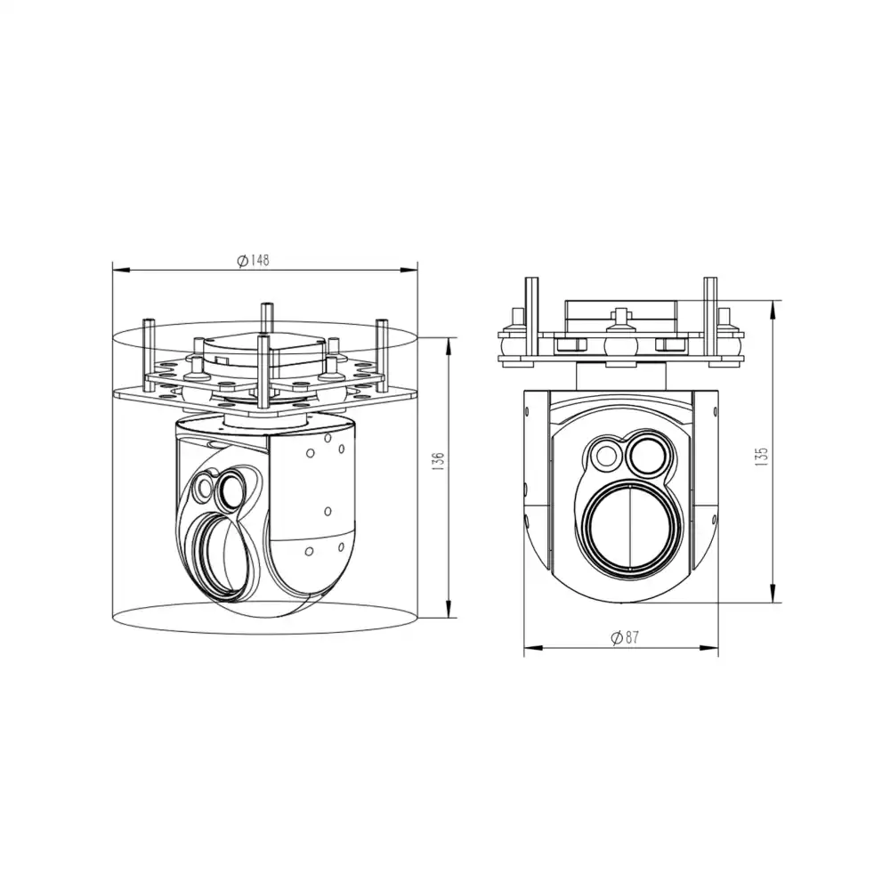 Mechanical dimensions blueprint of the NTPOD079 dual eo ir gimbal pod detailing the φ148mm casing perimeter and 136mm height for commercial UAV integration.