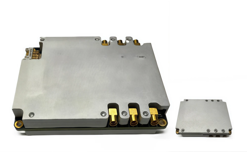 NTAJB 4-channel GNSS anti-jamming processor module displaying the protective enclosure with embedded RF signal processing channels and microconnector pins.