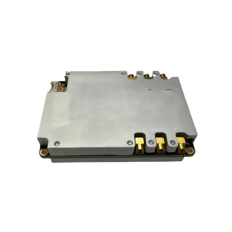 Mechanical chassis profile of NTAJB 4-channel GNSS anti-jamming processor highlighting the rigid metal baseplate and secure structural mounting holes.