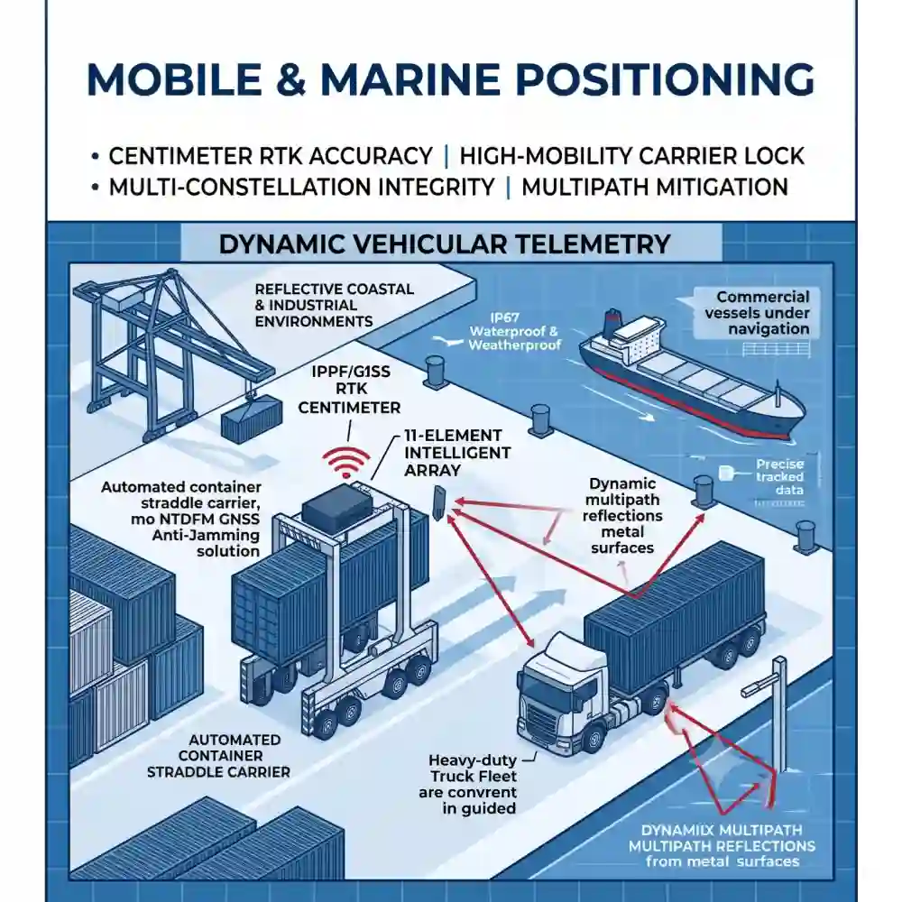 Technical diagram of NTDFM GNSS anti-jamming solution with 11-element intelligent array deployed on an automated container straddle carrier at a port to secure centimeter RTK positioning and mitigate dynamic multipath reflections from metal surfaces and vessels.