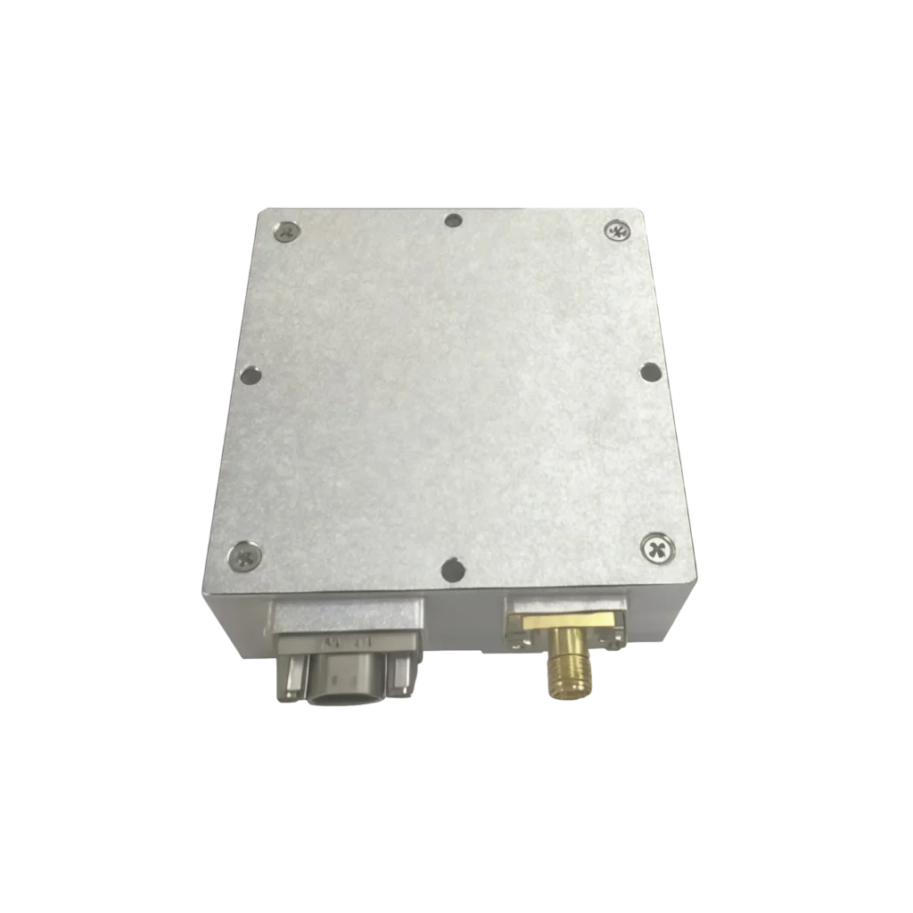 Industrial hardware profile of NTTIM GNSS anti-jamming system illustrating the aluminum mounting chassis, J30J interface profile, and RF coaxial port alignment.