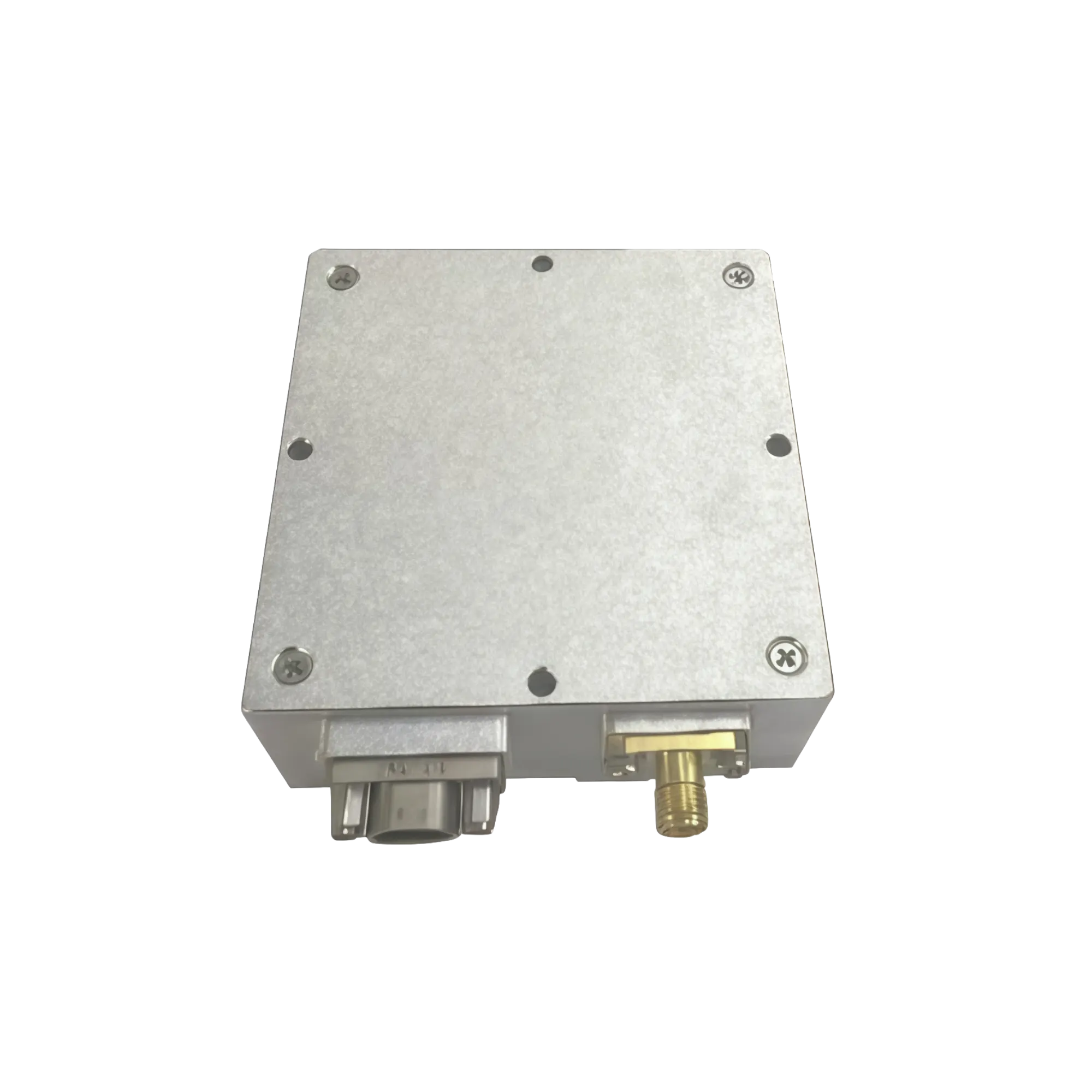 Industrial hardware profile of NTTIM GNSS anti-jamming system illustrating the aluminum mounting chassis, J30J interface profile, and RF coaxial port alignment.
