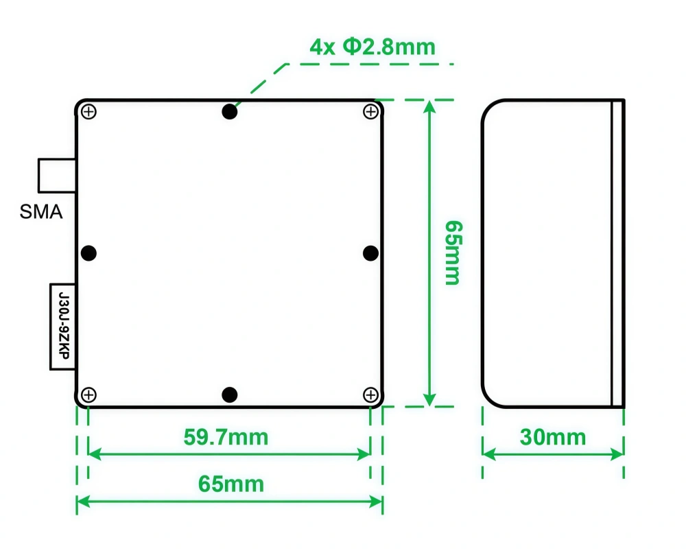 NTTIM Ultra-Miniature GNSS Anti-Jamming Terminal Mechanical Dimension and Aerial Array Schematic