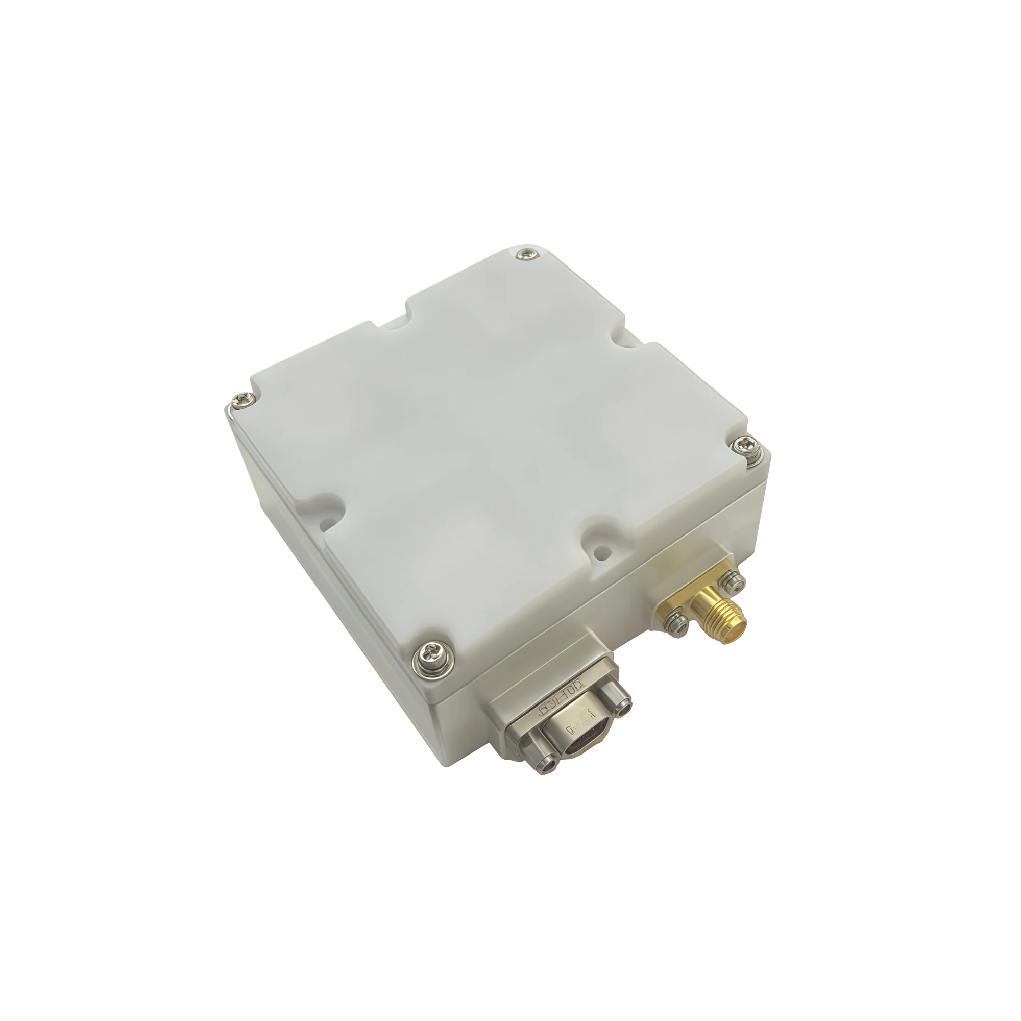 NTTIM Ultra-Miniature GNSS Anti-Jamming Terminal showcasing integrated 4-element antenna array enclosure with ruggedized J30J-9ZKP connector and SMA interface.