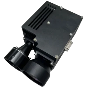 NLM15000 1570nm OPO laser rangefinder module featuring Class 1 eye safety, 30km max range, 15km vehicle ranging, and dual optical aperture design.