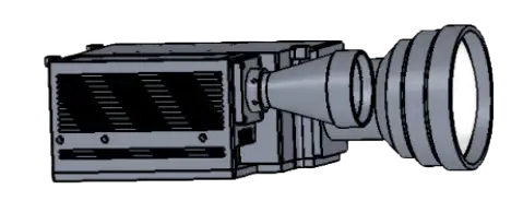 NLM15000 laser rangefinder module mechanical dimensions drawing illustrating 201x120x80mm envelope and optical aperture layout.
