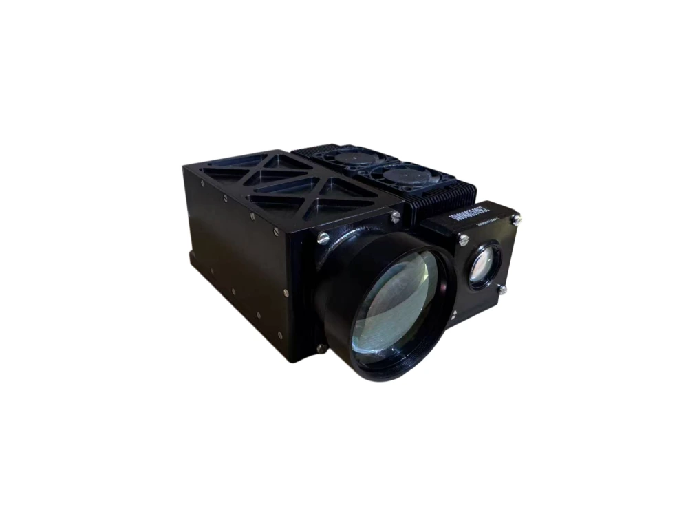 NLMU4500A is a DPSS 1064nm laser rangefinder module featuring high pulse energy, co-optical aperture geometry, and top-mounted active cooling fans for long-range UAV detection