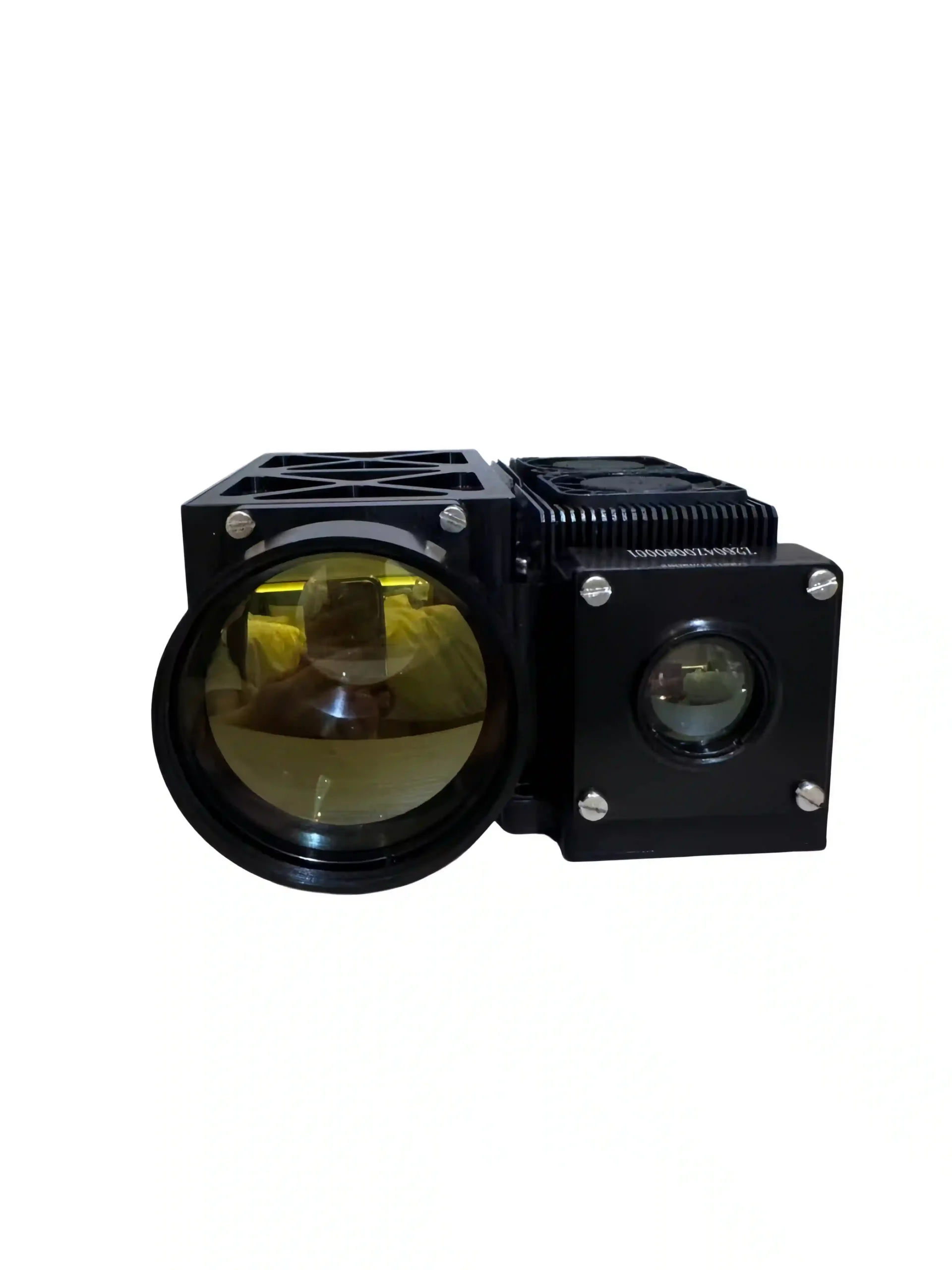 Front view of NLMU4500A 1064nm laser rangefinder module highlighting co-optical aperture design and large optical receiving lens for UAV detection.