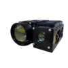 Side angle view of NLMU4500A DPSS 1064nm laser rangefinder module showing ribbed heat sinks, safety warning label, and reinforced lightweight chassis.