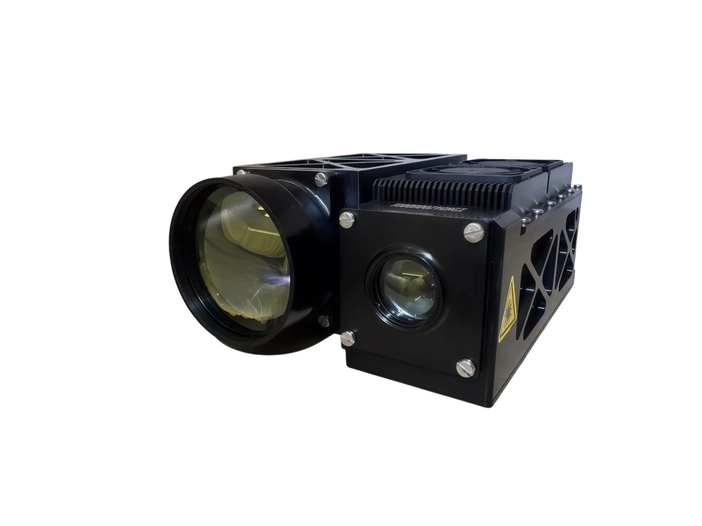 Side angle view of NLMU4500A DPSS 1064nm laser rangefinder module showing ribbed heat sinks, safety warning label, and reinforced lightweight chassis.