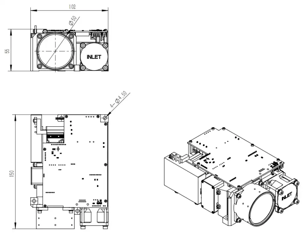 NLMU4500A DPSS 1064nm laser rangefinder module mechanical outline drawing showing 150mm length, 102mm width, 55mm height envelope, Ø50mm shared optical aperture, and 4x Ø4.50mm mounting hole pattern.
