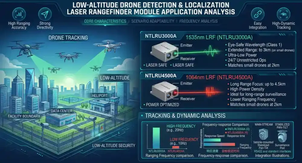 Comparison of NLMU3000A 1535nm eye-safe and NLMU4500A 1064nm high-energy UAV detection laser rangefinder modules for drone tracking systems.