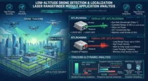 Comparison of NLMU3000A 1535nm eye-safe and NLMU4500A 1064nm high-energy UAV detection laser rangefinder modules for drone tracking systems.